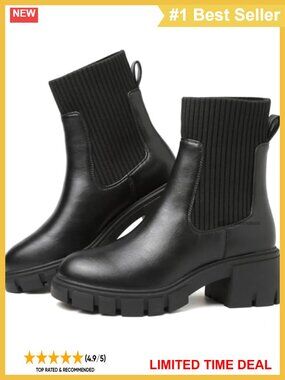 Women Platform Chelsea Boots Elastic Ankle Lug Sole Chunky Mid Heel